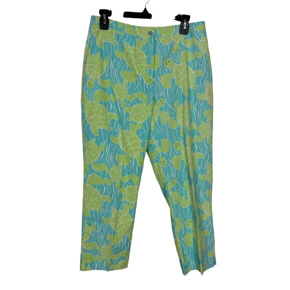 Vintage Lilly Pulitzer Green Turtle Blue Sea Cropped Cotton Pants Women's 8 - Picture 1 of 5